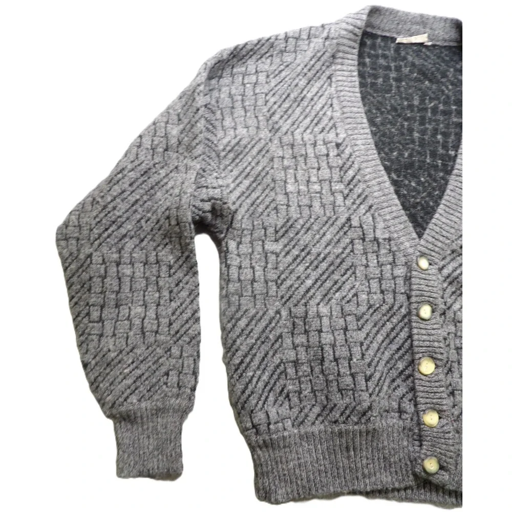 VTG 90s Clochard Men Cardigan Gray Wool Blend Geometric Woven V-Neck Sweater L/G